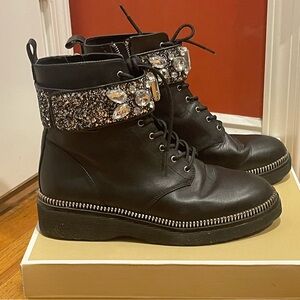 Michael Kors Haskell Cuff Bootie Black Leather  LaceUp Meaga Rhinestone Sz 9